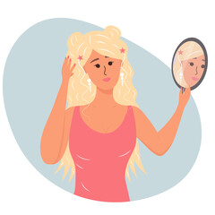 Beautiful woman looks in the mirror and admires herself. Narcissism, selfishness, self love concept. Vector illustration for ego, psychology, reflection concept.