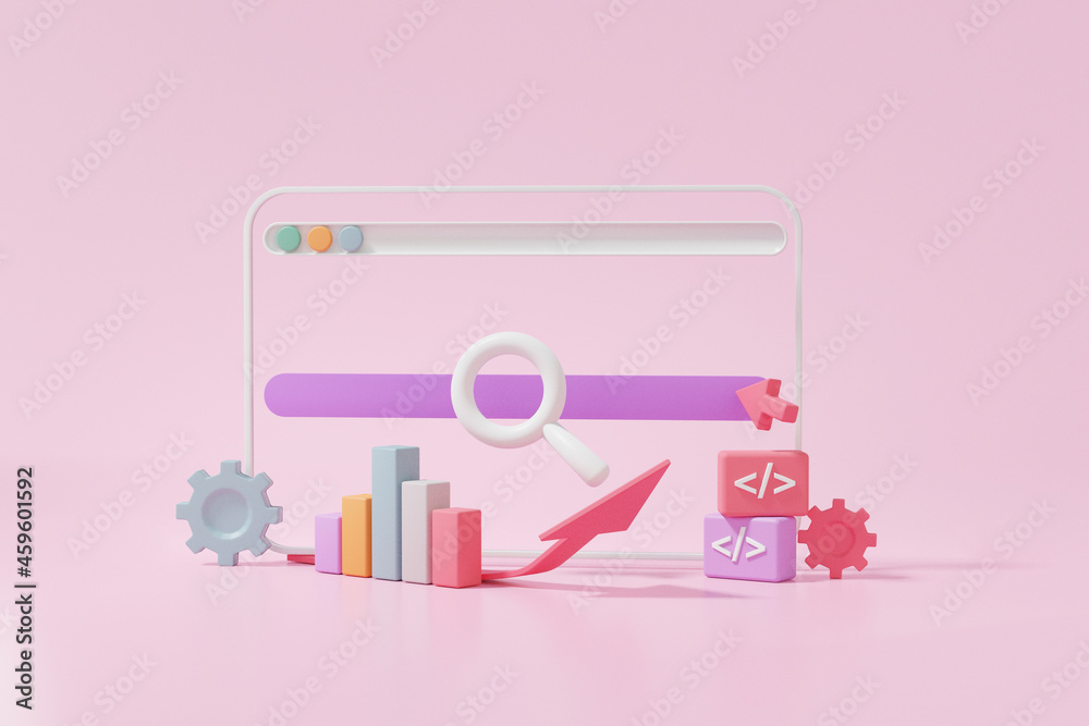 Poster system seo or search engine optimization marketing. growth website development concept. analytics cl