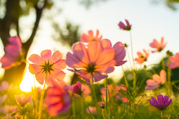 Beautiful nature scene with blooming flower and sun flare. Sunny day. Spring flowers.