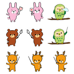 指示棒を持つ、ポイントを指す、マルバツを出す動物キャラクター