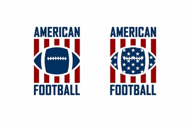 Set of color illustrations on a sports theme ball, flag on a white background. Design element for poster, banner, emblem, label, sticker and badge. Vector illustration. American football.
