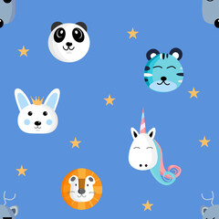 Seamless pattern with cute animals faces. Vector illustration