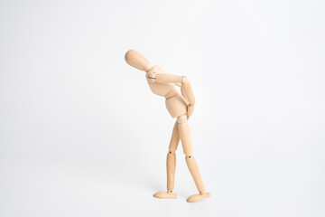 Wooden man problem with digestion on white background isolation. Digestive system problems