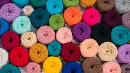 Close-up of multi-colored cotton skeins. Shop assortment for handmade