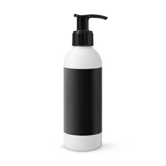 Realistic cosmetic bottle with dispenser mock-up with empty sticker isolated on white background. White plastic with black cap beauty product container 3d vector illustration
