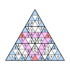 Sudoku colorful activity page for kids vector illustration. Complete number puzzle with numbers 1-9 - in each big triangle, blue and pink lines