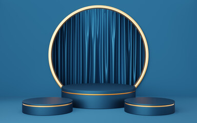 3 Empty blue and black cylinder podium with copper border on gold circle arch and curtain background. Abstract minimal studio geometric shape object. Pedestal mockup space for display. 3d rendering.