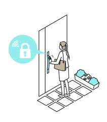 スマートリングで玄関の鍵を閉める女性