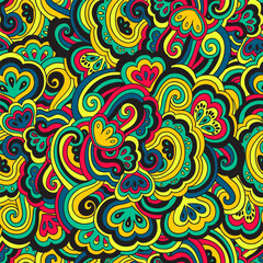 Fototapeta na wymiar Bright colorful seamless pattern with floral and plants element in psychedelic vibrant funky style for textile and design.