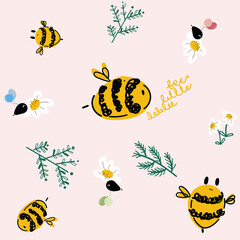 cute bees cartoon seamless pattern