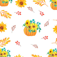 Fototapeta na wymiar Watercolor seamless pattern with colorful pumpkins and leaves. Autumn background for thanksgiving day isolated on a white background.