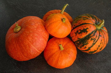 New autumn harvest bright orange pumpkins on text dark background