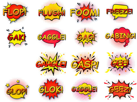 Comic speech bubbles set with different emotions and text flop, flush, foom, freeze, gabing, gag, gaggle, gak, gargle, gasp, gee, geez, giggle glok, glopon white background high resolution 