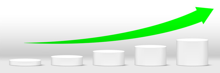 podium for placing product display and arrow green pointing up symbol, cylinder podium stand, business and finance concept, progress growth and success concept, 3D illustration, copy space