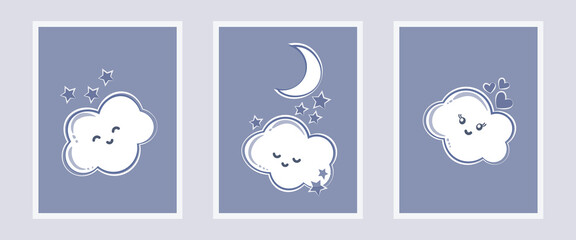 baby drawing cute clouds stars moon hearts night vector illustration