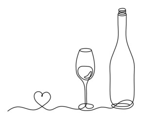 Drawing line bottle of champagne or wine on the white background. Vector
