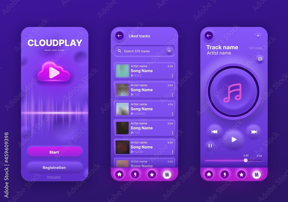 Poster Neomorphic music player interface, UI app screen, vector mobile phone playlist application. Neomorphic music player audio media buttons temples with song playlist menu and album cover, neomorphism UX