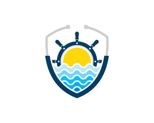 Shield stethoscope with ship steering wheel and sunset inside