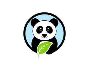 Circle shape with cute panda and leaf on hand