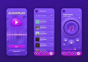 Neomorphic music player interface, UI app screen, vector mobile phone playlist application. Neomorphic music player audio media buttons temples with song playlist menu and album cover, neomorphism UX