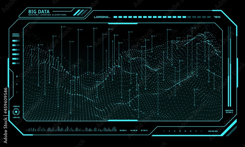 Aufkleber Big Data technology network, futuristic UI HUD on digital display, vector. Screen monitor interface background. Big Data analysis and future HUD infographic line waves and analytics flow chart graph