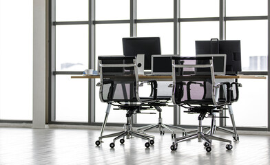 Nobody in company office workspace workstation environment with PC computer black blank screen monitor laptop notebook and white coffee cup on working table with cozy chairs in front glass windows