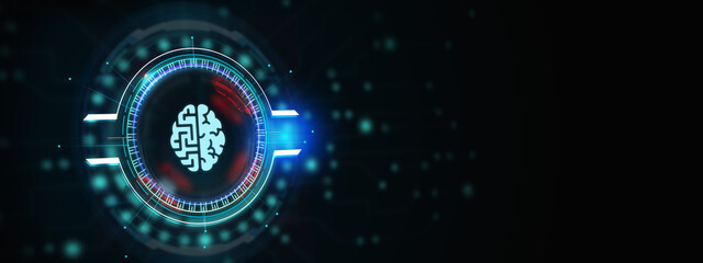 Artificial intelligence (AI), machine learning and modern computer technologies concepts. Business, Technology, Internet and network concept. 3d illustration