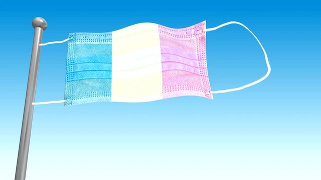 Looped animation of a medical mask developing on a flagpole in waves on a blue gradient background with the flag of Belgium.