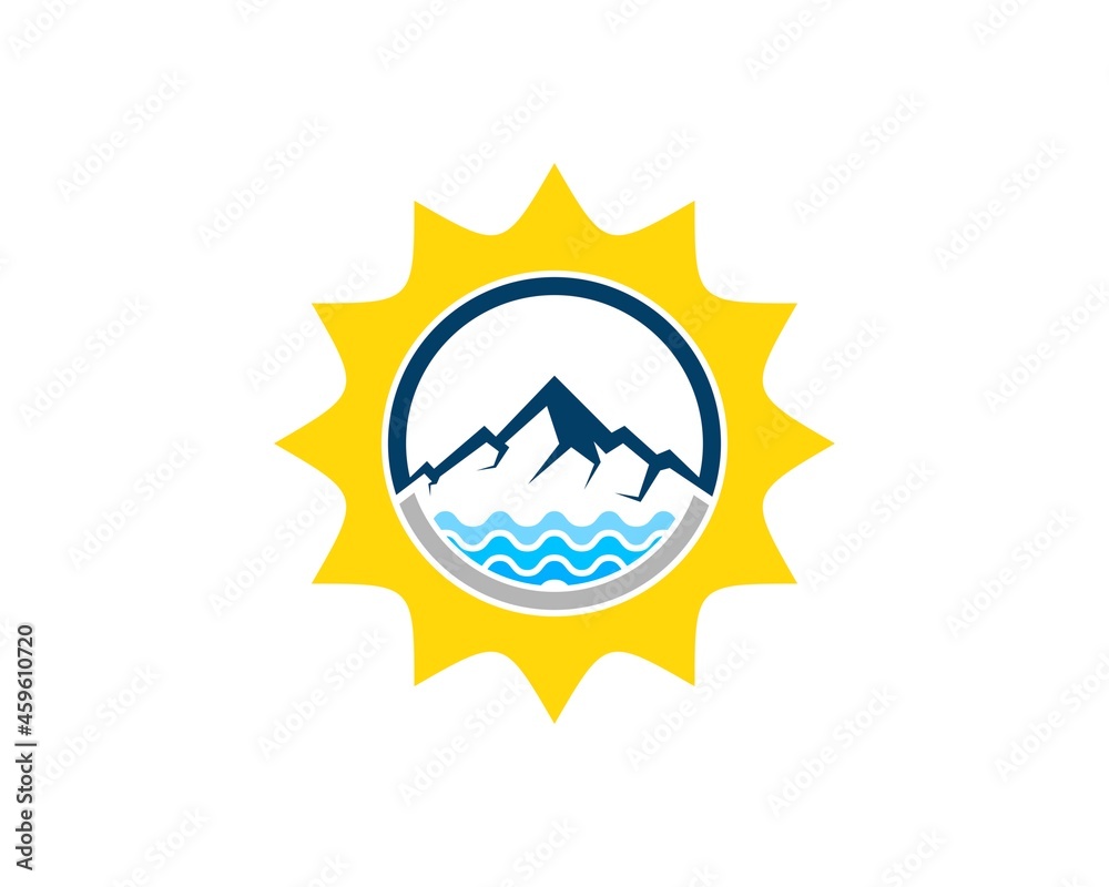 Sticker Shinning sun with mountain and beach wave inside