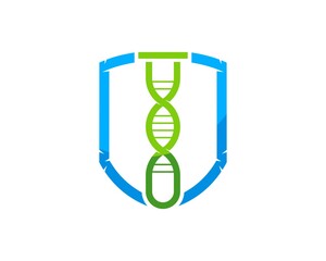 Abstract shield with laboratory bottle and DNA symbol