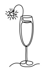 Drawing line wineglass of champagne on the white background