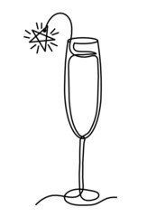 Drawing line wineglass of champagne on the white background