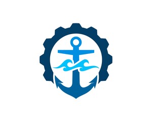 Mechanical gear with anchor ship and abstract beach wave