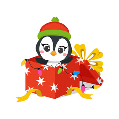 Cute penguin celebrates Christmas in present gift box. Flat vector cartoon design