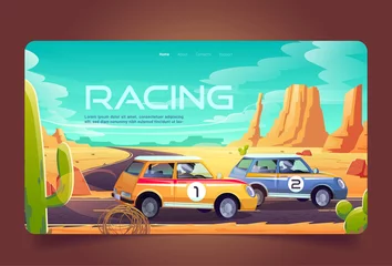Fotobehang Racing in desert cartoon landing page, race cars tournament, auto rally competition, drivers in automobiles road track at grand canyon landscape. Racetrack sport vehicles adventure Vector web banner © klyaksun
