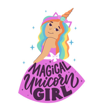 This is a cute design for baby girls. The quote, magical Unicorn girl. The lettering and princess is good for children designs, sticker, etc. The image is a vector illustration