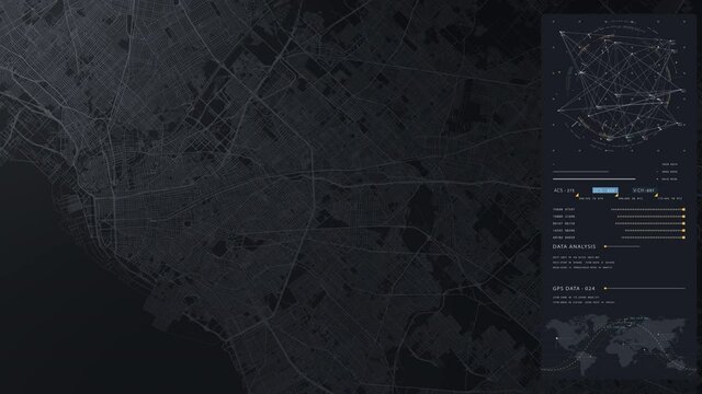 Futuristic HUD satellite view of traffic surveillance on a busy expressway junctions tracking and monitoring highway traffic for possible target vehicle