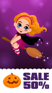 Happy Halloween. Halloween flying little witch. Purple background.