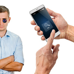 Man installing surveillance camera and mobile app for spying