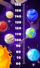 Kids height chart, cartoon galaxy space planets, vector growth measure ruler. Kids height chart or baby scale with galaxy space planets, sun, moon and earth or Saturn in asteroids and meteors sky