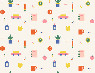 Small cute office supplies toy icon. Simple pattern design template.