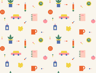 Fototapeta premium Small cute office supplies toy icon. Simple pattern design template.