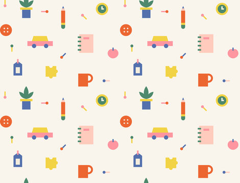 Small cute office supplies toy icon. Simple pattern design template.
