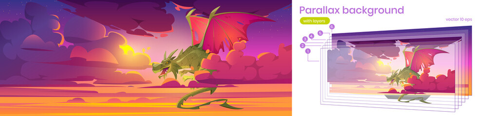 Parallax background for game, with dragon in sky, fantastic character 2d layered animation, magic creature flying in beautiful heaven with purple clouds, fairytale scene Cartoon vector illustration