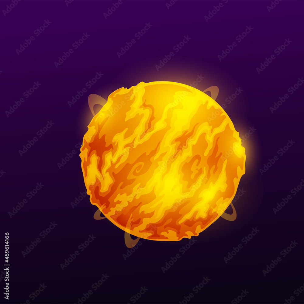 Poster flaming sphere, burning planet ball, hot globe in fire sparkles isolated cartoon far aliens world. v