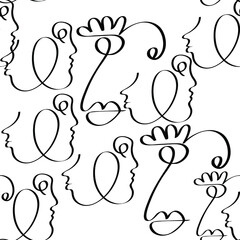 One line drawing abstract face seamless pattern. Modern contemporary aesthetic print, minimalism art, contour line art. Continuous with people faces. Vector design for print, decor, poster, pattern