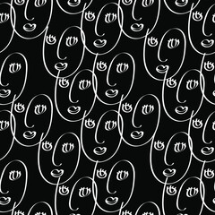 One line drawing abstract face seamless pattern. Modern contemporary aesthetic print, minimalism art, contour line art. Continuous with people faces. Vector design for print, decor, poster, pattern