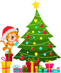 A tiger cub dresses up a Christmas tree for the celebration of the new year. A postcard with a Christmas tree and gifts.