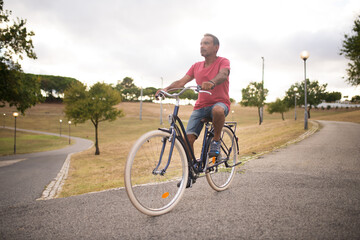 Confident mature man riding bike along park road. Portrait of active senior man on bicycle. Active seniors concept