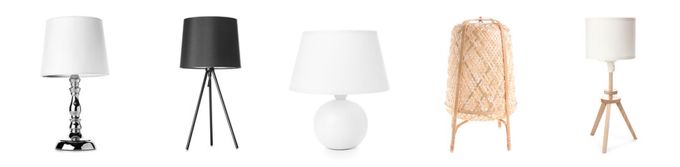 Stylish table lamps on white background